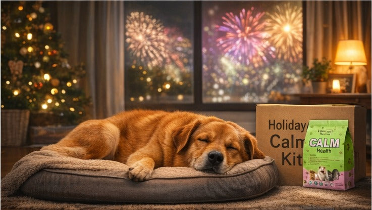 Calm dog sleeping indoors while New Year’s Eve fireworks glow outside, next to a Holiday Calm Kit and Calm Health dog supplement.