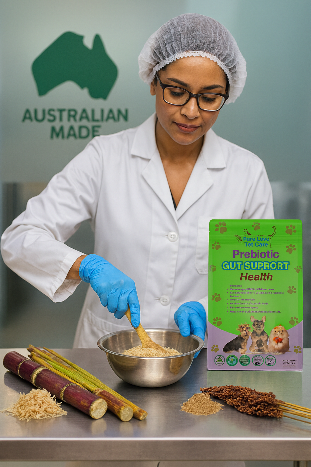 Person in a lab coat mixing ingredients with a bowl of Prebiotic Gut Support Health in the background.