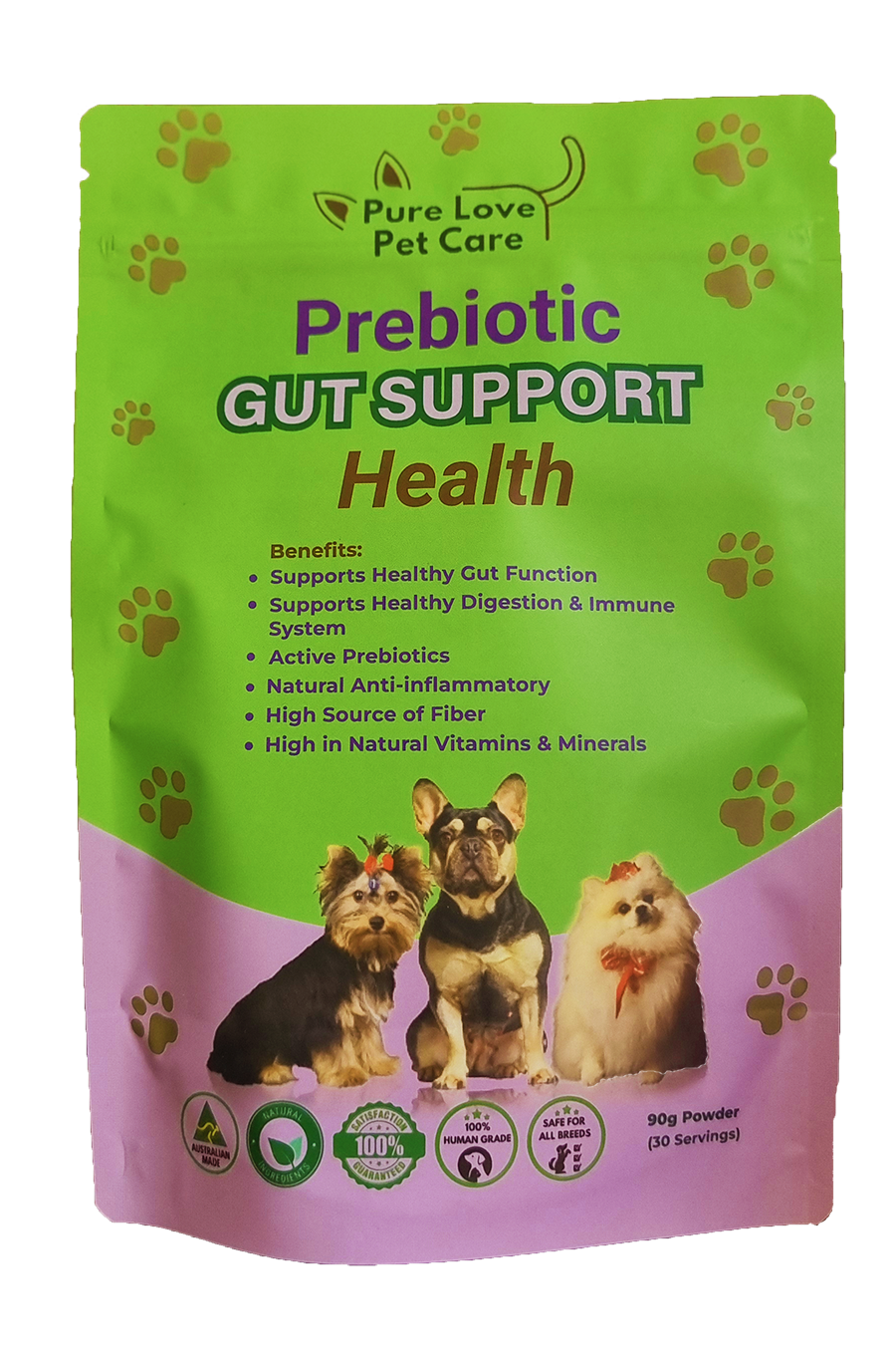 Green and pink package of Pure Love Pet Care Prebiotic Gut Support Health for pets
